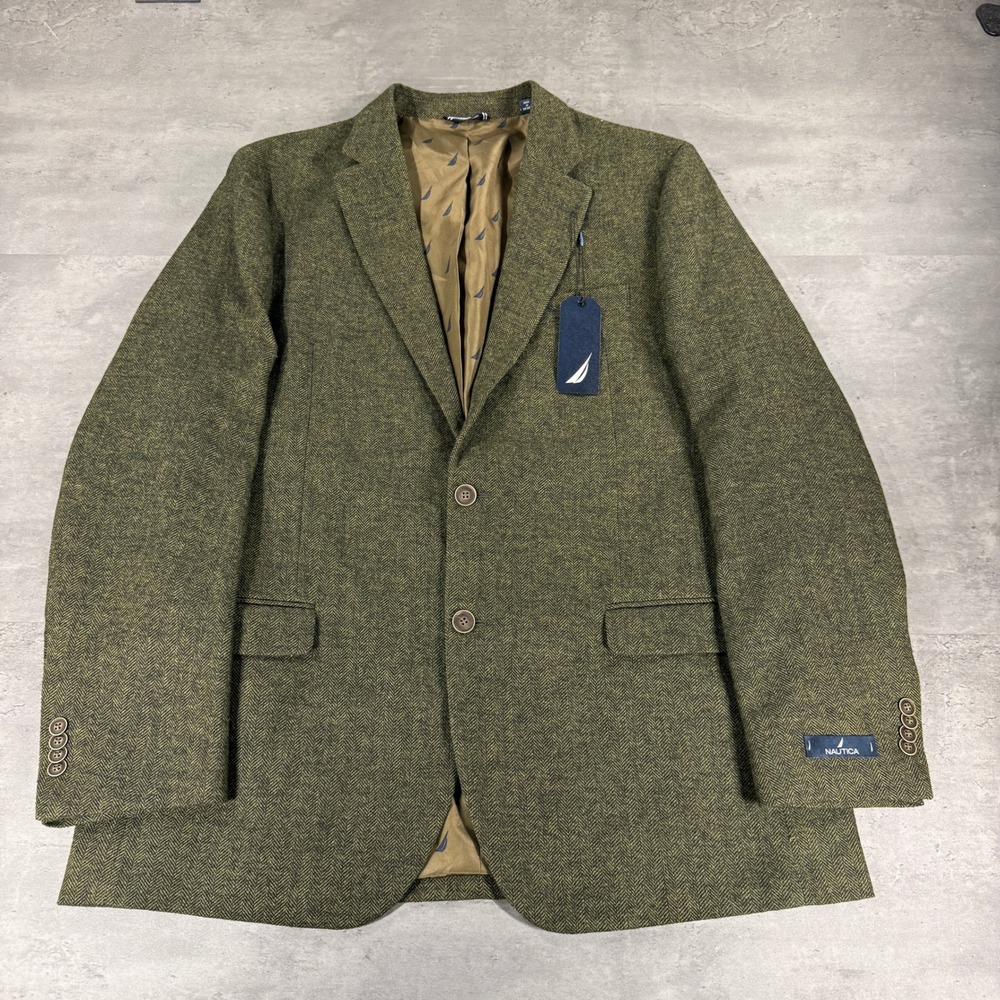 Nautica Sport Coat Mens 44L Branford Olive Green Herringbone Blazer NEW $295